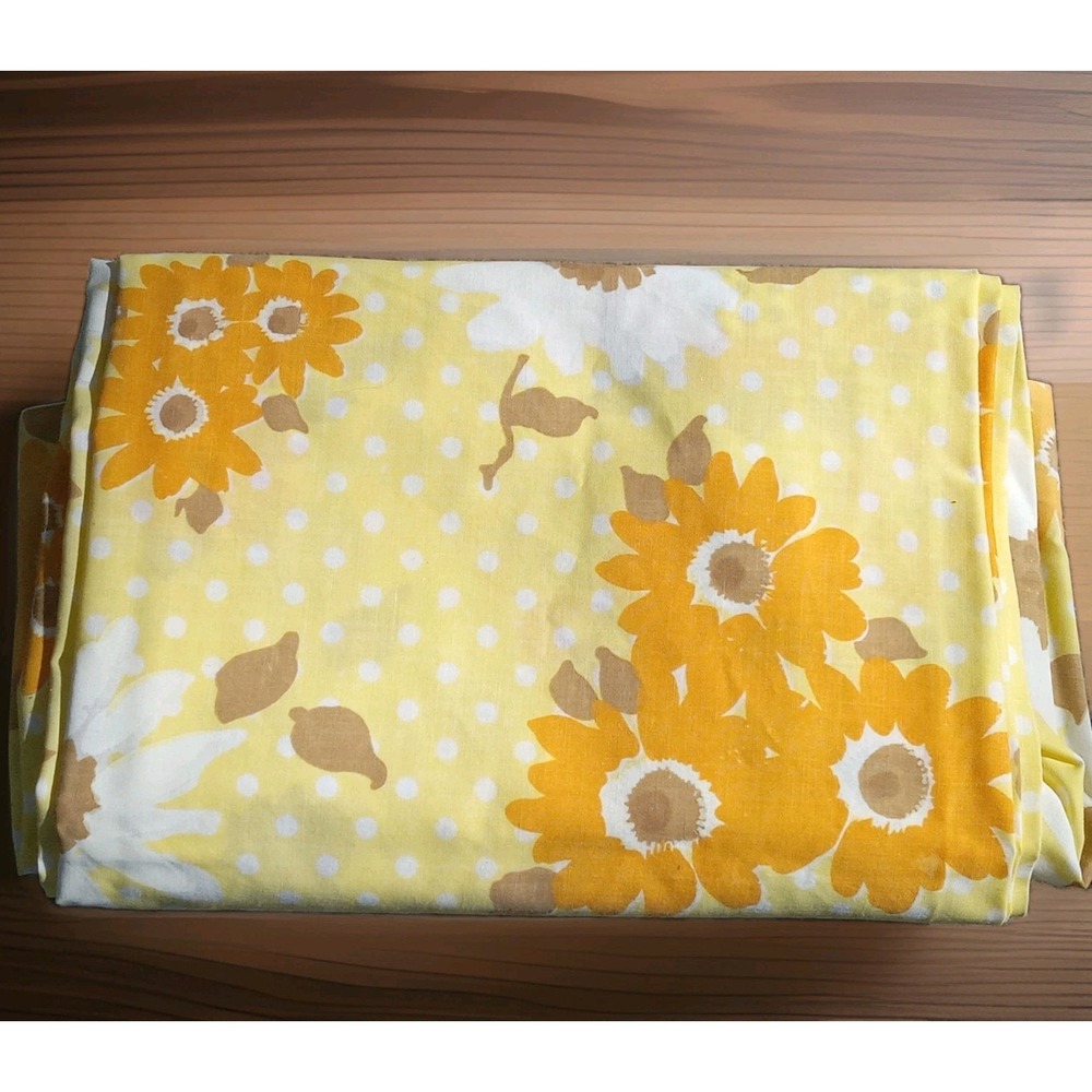 VTG 1970s Pequot Sunflower Sheet Twin Flat Muslin Yellow Daisy Polka Dot